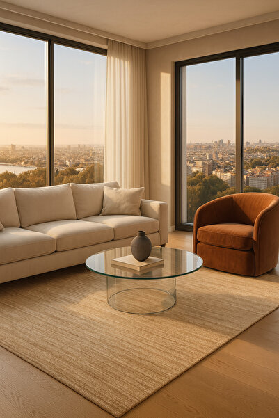 Vog Halı Bloom Bej El Dokuma Yün Viskon Halı Modern İskandinav Kalın Lüks Sal...