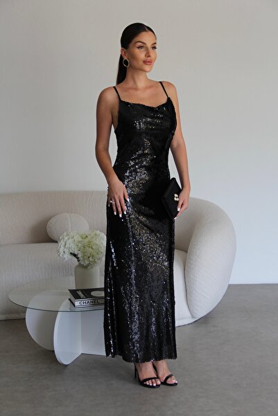 Julidress Siyah Payetli Straplez Yaka Astarlı Maxi Uzun Boy Premium Elbise