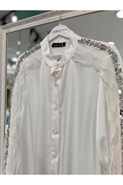 MERAM BUTİK Selinada Satin Tunic Sequence Flower Detail 3151 - White - 42