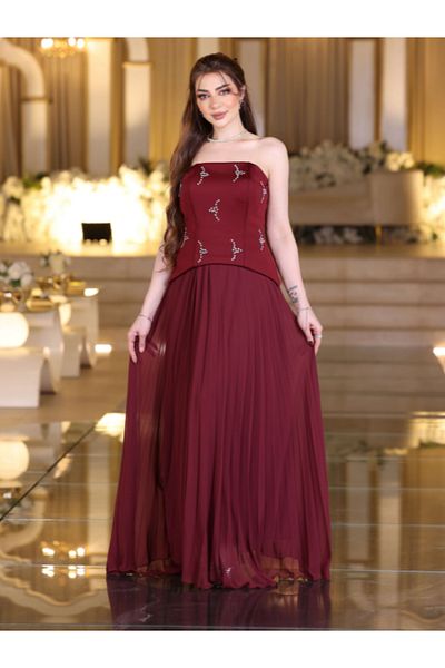 Nice Model Burgundy Strapless Evening Dress with Stone Embellished Bodice & Pleated Chiffon Skirt