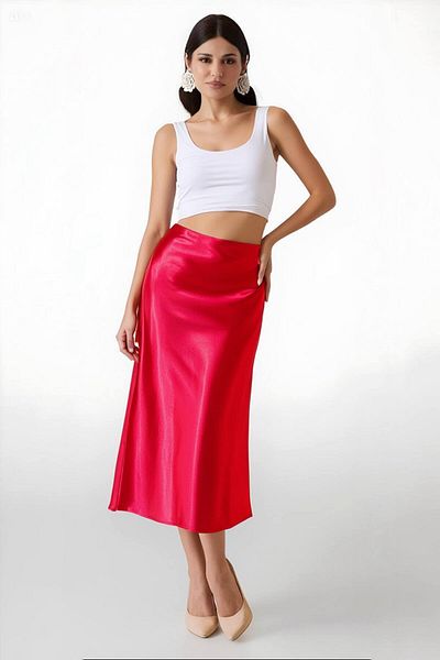 hazelin Women's Red Satin Surface Elastic Waist Midi Length Skirt Hzl23S-Bd 1101471