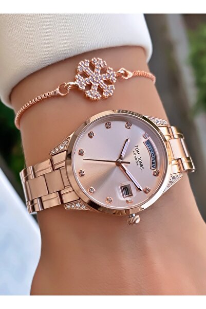 Tom Jones ساعة يد نسائية مقاومة للماء بلون ذهبي وردي - هدية سوار