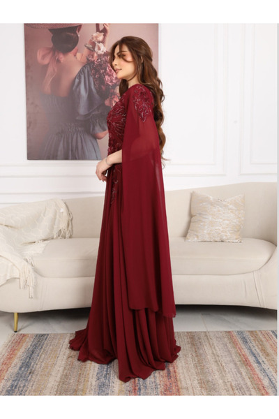 Nice Model فستان سهرة طويل رسمي مزين بالترتر باللون العنابي، فستان شيفون مزين لحفلات الزفاف وضيوف الحفلات