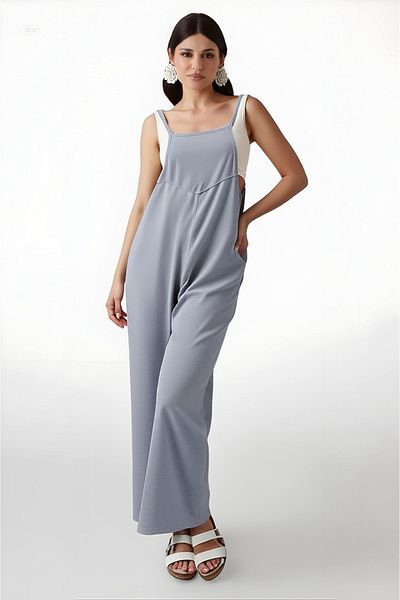 hazelin Women's Gray Adjustable Strap Pocket Wide Leg Gardener Jumpsuit Hzl22s-bd170191