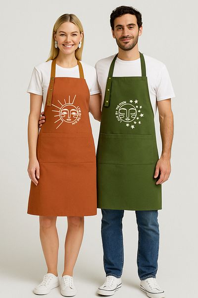 Hulganz Kitchen Apron Set of 2 Black Red Stain Resistant Water Repellent Fabric Fade Resistant Print Moon Sun Dowry Apron
