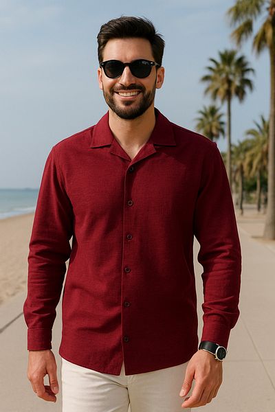 beuivo Men's Burgundy Oversize Textured Aerobin Linen Shirt