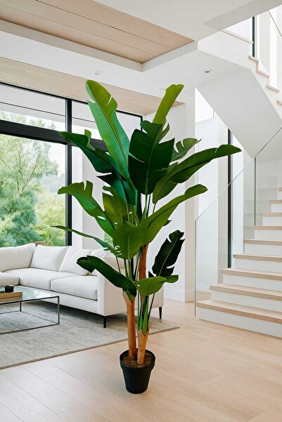 MAKİ DEKOR YAPAY MUZ ISLAK DOKULU 3 GÖVDELİ 18 YAPRAKLI 200 CM MODERN , DEKORATİF SALON AĞACI