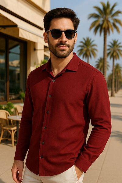 beuivo Men's Burgundy Oversize Textured Aerobin Linen Shirt