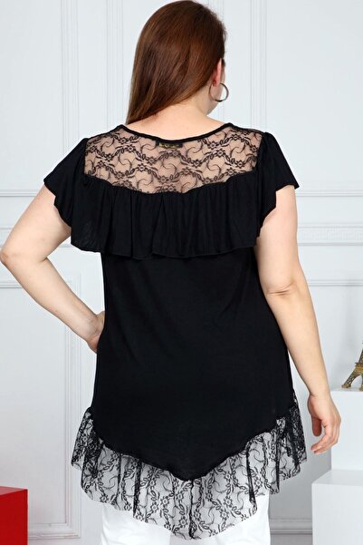Kheos Stylish Tunic with Frilled Short Sleeves and Lace Detail on the Hem