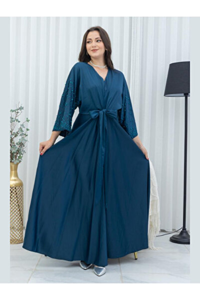 Danton Dark turquoise satin pearl-sleeved maxi dress - elegant long evening g...