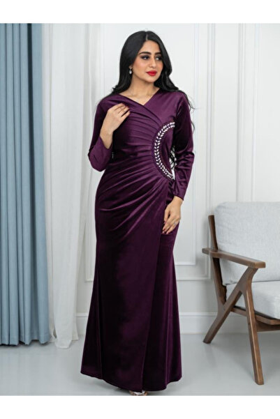 Nice Model فستان ماكسي مخملي أرجواني بأكمام طويلة مطرز، فستان سهرة رسمي، ملاب...