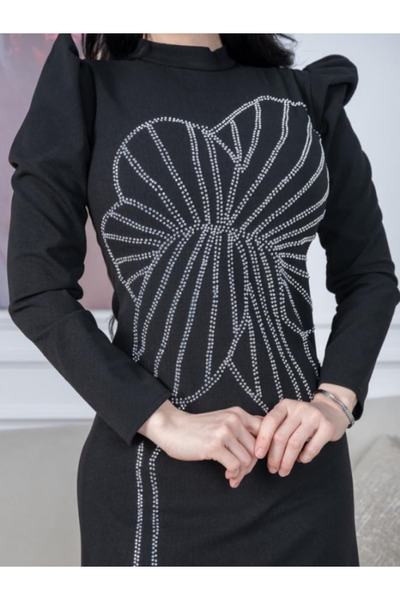 Nice Model فستان سهرة أسود من الكريب بأكمام طويلة مرصع بفيونكة، مناسب لحفلات الكوكتيل الرسمية للنساء