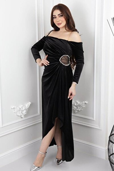 Nice Model فستان مخملي أنيق متوسط ​​الطول مع تطريز دائري وفتحة جانبية عند الخ...