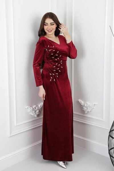 Nice Model Elegant Long Velvet Peacock Embroidered Side Modest Evening Dress Women's Formal Wear Collection