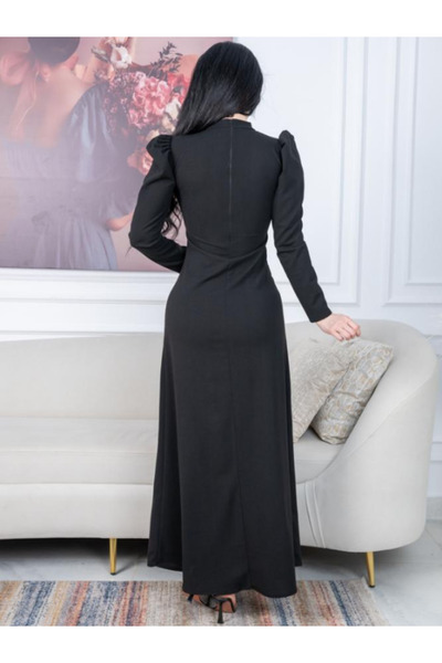 Nice Model فستان سهرة أسود من الكريب بأكمام طويلة مرصع بفيونكة، مناسب لحفلات الكوكتيل الرسمية للنساء