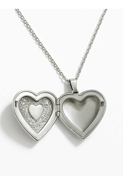Bro Kalp Desenli Açılabilir Kapaklı Resimlikli Kalp Çelik Kolye Çift Kolyesi