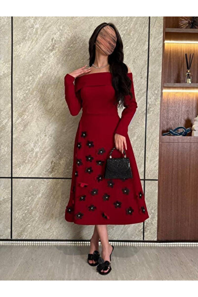 Nice Model Purple Off Shoulder Midi Dress with 3D Floral Embellishments Long Sleeve Evening Party Formal Wear