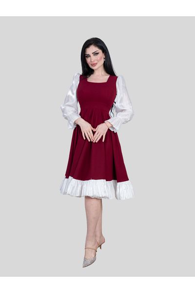 Nice Model Burgundy Midi Dress White Puffy Sleeves Vintage Style Elegant Wedding Guest Party Formal Wear