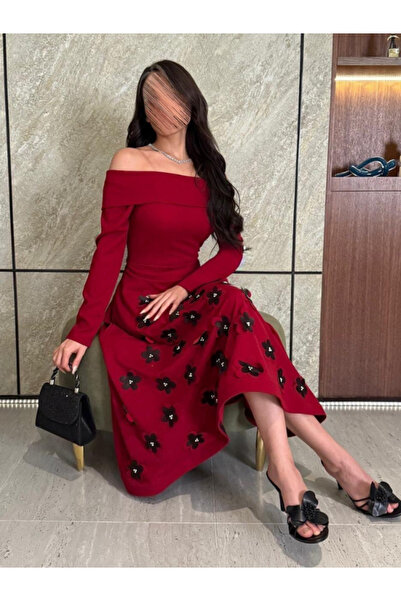 Nice Model Purple Off Shoulder Midi Dress with 3D Floral Embellishments Long Sleeve Evening Party Formal Wear