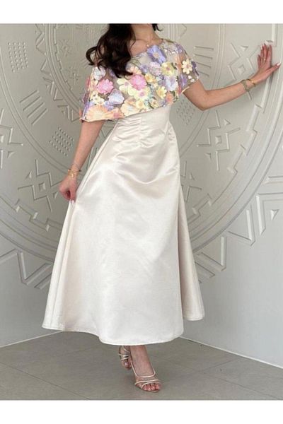 Nice Model Floral Embroidered Off Shoulder Maxi Dress Korean Taffeta Evening Gown Wedding Guest Formal Wear