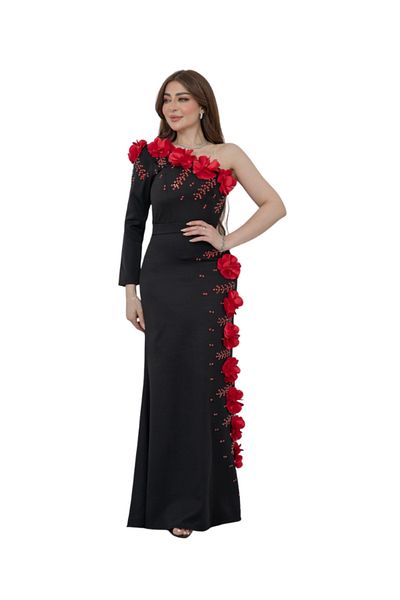 Nice Model Elegant Black One Shoulder Evening Dress with Red 3D Rose Flowers - Long Sleeve Cocktail Gown