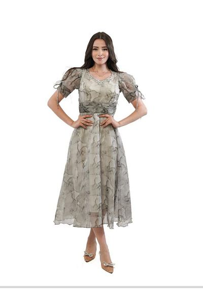 Nice Model Elegant Floral Midi Dress Women Long Sleeve Viscose Blend Elastic Waist A-Cut Jersey Fabric