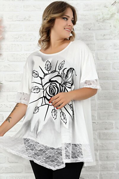 dekordünyası Μπλούζα με δαντέλα φούστα και μανσέτες, Flock printed Rose Motif