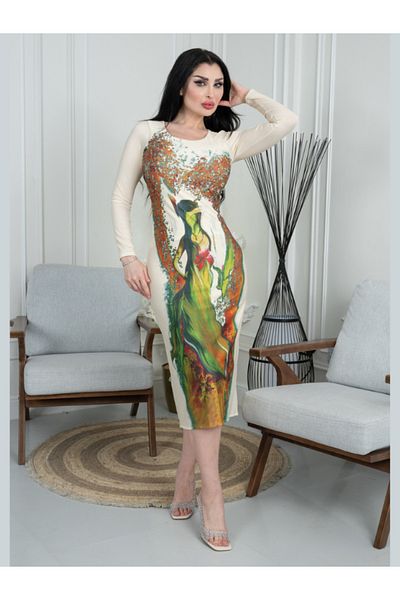 Nice Model Women's Abstract Art Print Midi Dress - Long Sleeve Bodycon Dress with Colorful Artistic Design