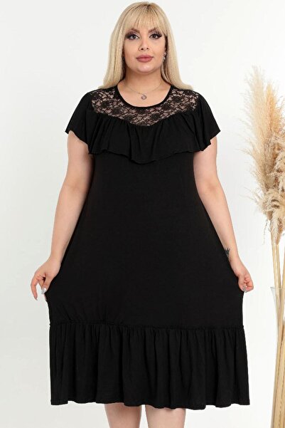 Kheos Short Sleeve Evening Dress with Lace and Ruffle Detail on the Collar