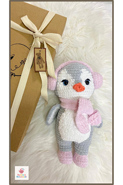Renklere Dokunarak Hediye Kutulu Amigurumi Kadife Örgü Sevimli Penguen