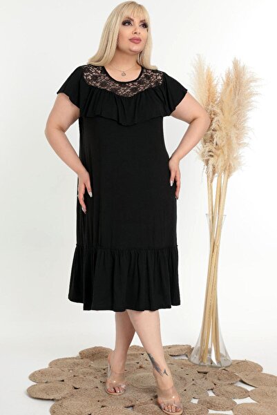 Kheos Short Sleeve Evening Dress with Lace and Ruffle Detail on the Collar