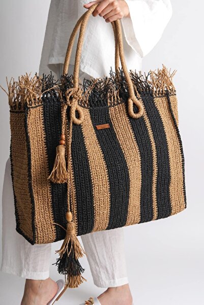 Mubiano Geantă de vară cu curea lungă din rafie neagră/bej pentru zi și plajă...