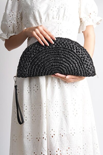 Mubiano Καλοκαιρινό Raffia Oval Black Portfolio & Handbag -MSFT2525-S