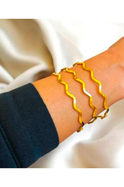 Bige Sultan Ajda Bilezik 3 Lü Çelik Paslanmaz Gold Renk Zikzak Model Küçük Boy