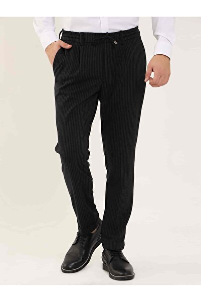 Dufy Siyah Erkek Slim Fit Çizgili Klasik Pantolon