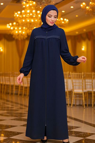 Neva Style Zippered Navy Blue Hijab Ferace 10533L