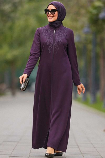 Neva Style Zippered Plum Hijab Ferace 10086Mu