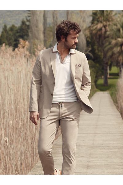 Dufy Beige Men's Slim Fit Seersucker Patterned Trousers - 95105