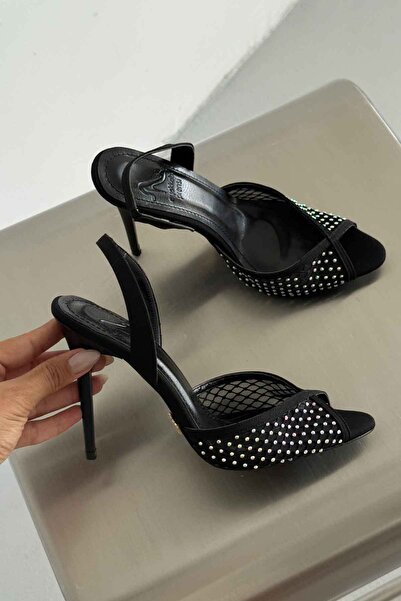 AYAKKABI PRENSİ Arlo Stone Detailed Thin Heel 10 cm Black Matte Satin Heeled Shoes