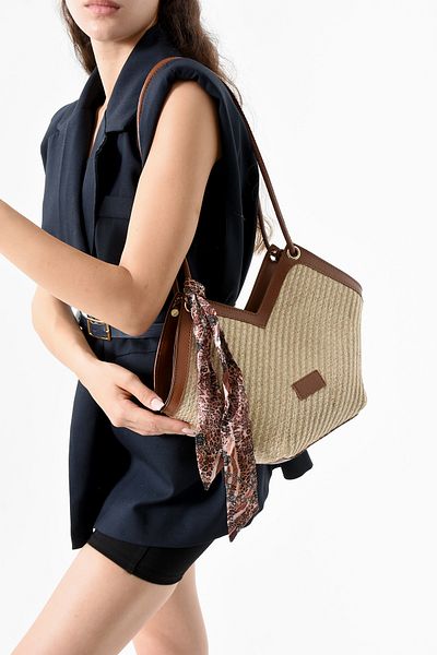 Mercan Tan Straw Women's Shoulder Strap Bag with Zipper and Leopard Scarf Detail