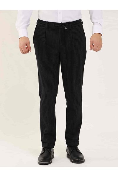 Dufy Black Men's Slim Fit Striped Classic Trousers - 97676