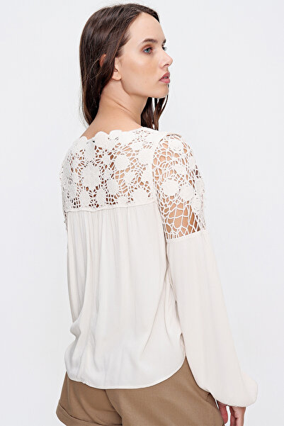 VAGGON Women's Light Beige Women's Light Beige Knitted Motif Woven Blouse Esq0030 Esq0030