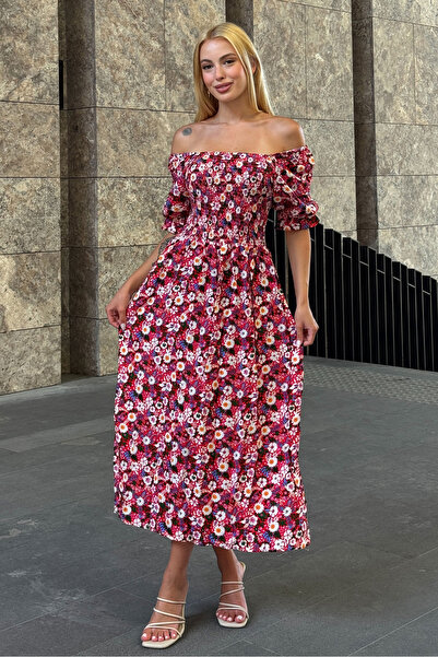 VAGGON Γυναικείο φόρεμα με κόκκινο λουλουδάτο σχέδιο με γιακά Madonna με ραμμένο σμόκ Vs00368