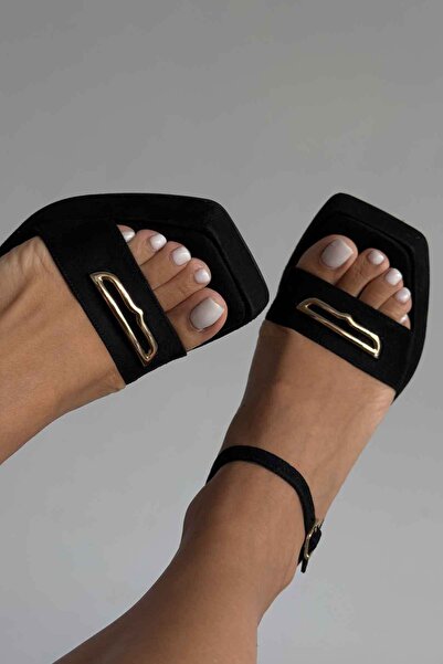 AYAKKABI PRENSİ Demi Aksesuar Detaylı SİYAH Süet Platform Kadın Kalın Topuklu Ayakkabı 11cm