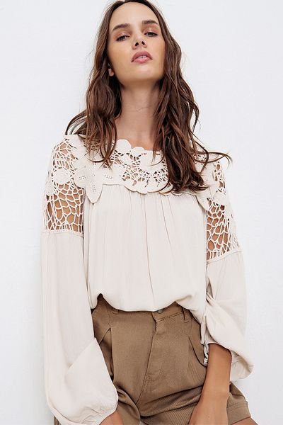 VAGGON Women's Light Beige Women's Light Beige Knitted Motif Woven Blouse Esq0030 Esq0030