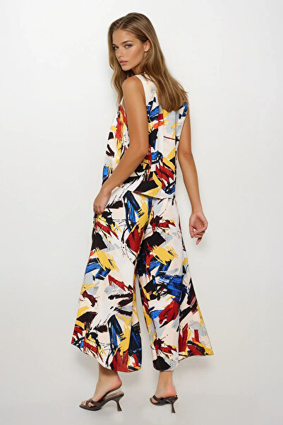 VAGGON Women's Ecru Red Tie-Waist Double Pocket Pants and Blouse Set Vs00367