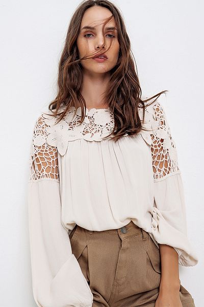 VAGGON Women's Light Beige Women's Light Beige Knitted Motif Woven Blouse Esq0030 Esq0030