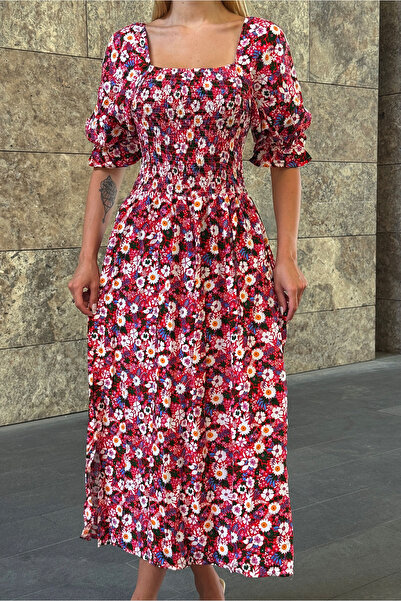 VAGGON Γυναικείο φόρεμα με κόκκινο λουλουδάτο σχέδιο με γιακά Madonna με ραμμένο σμόκ Vs00368