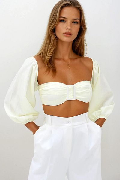 VAGGON Women's Butter Yellow Poplin Back Gipeli Buckle Detail Princess Sleeve Crop Blouse Vs00365