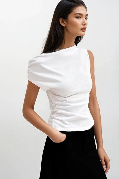 VAGGON Women's White Shoulder Gathered Viscon Knitted Blouse Prmx14183